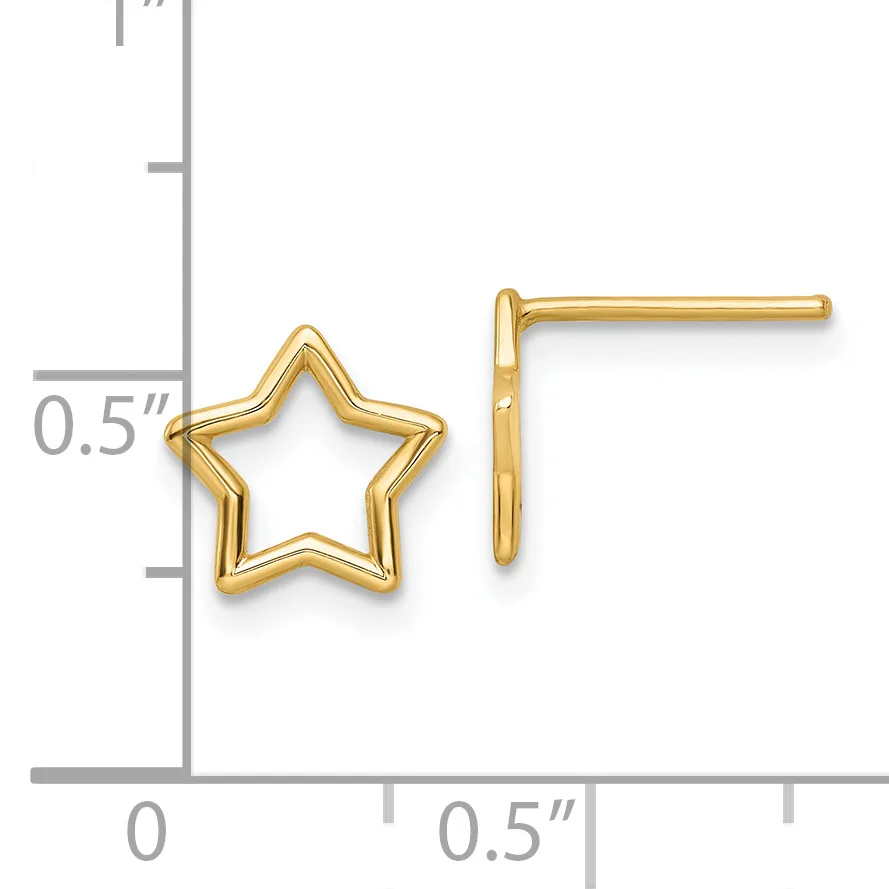 Gold-colored star-shaped stud earrings displayed next to a measurement scale showing approximately half-inch dimensions.