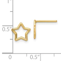 Gold-colored star-shaped stud earrings displayed next to a measurement scale showing approximately half-inch dimensions.