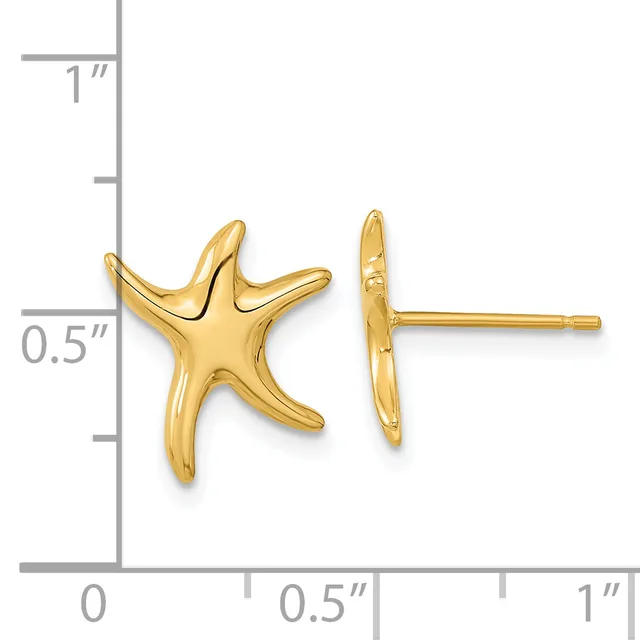 Gold starfish-shaped stud earrings shown from front and side views next to a ruler indicating approximately 0.5 inches in width.