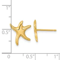 Gold starfish-shaped stud earrings shown from front and side views next to a ruler indicating approximately 0.5 inches in width.