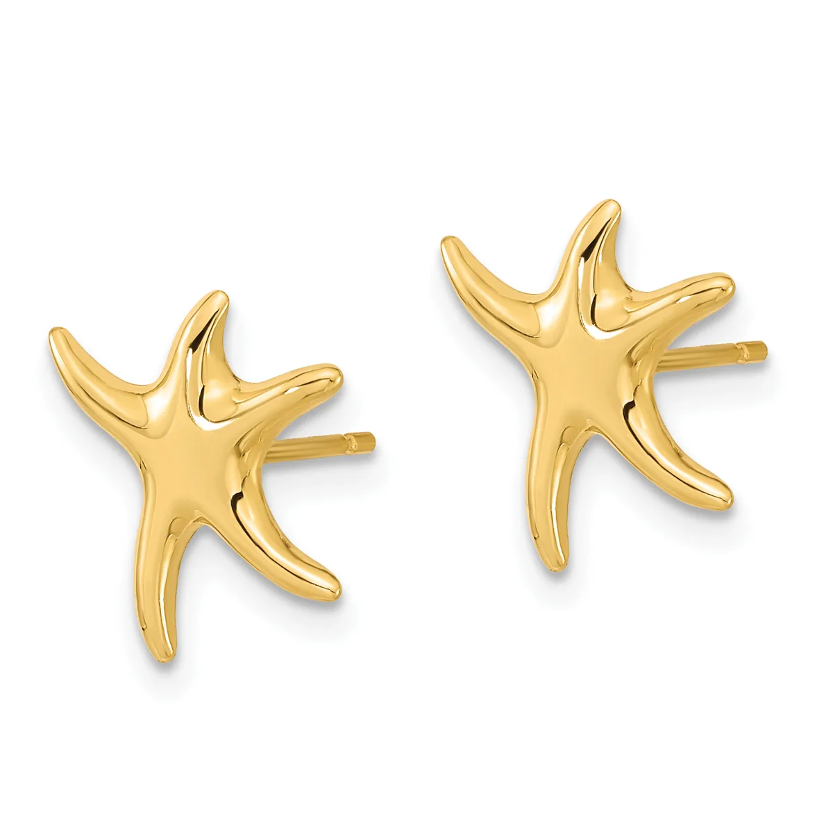 Pair of polished gold-colored starfish-shaped stud earrings with posts and backs.