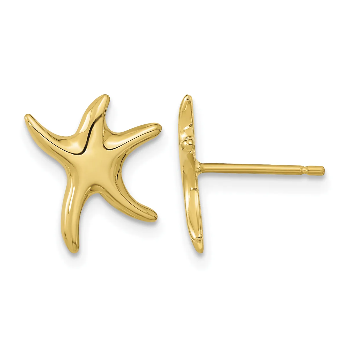 A pair of gold starfish-shaped stud earrings shown from front and side views, displaying polished finish and post backs.