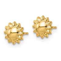 Pair of gold stud earrings with spherical centers surrounded by pointed star-shaped rays, shown from the front.