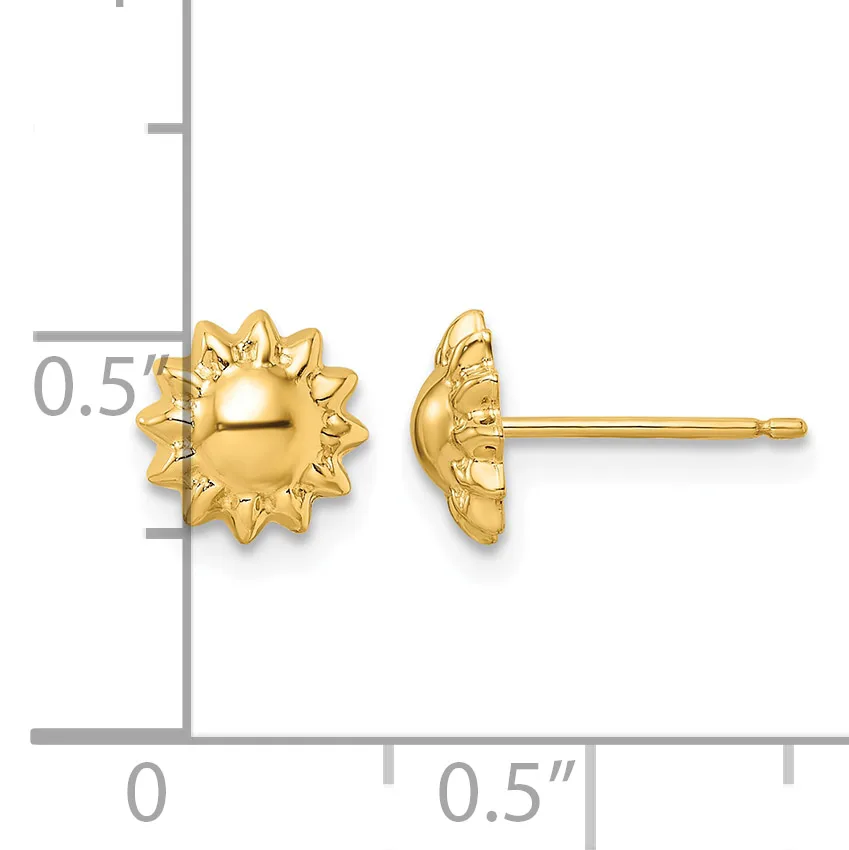 Two gold sun-shaped stud earrings with radiating petals shown front and side view against a measurement scale.
