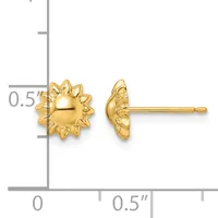 Two gold sun-shaped stud earrings with radiating petals shown front and side view against a measurement scale.