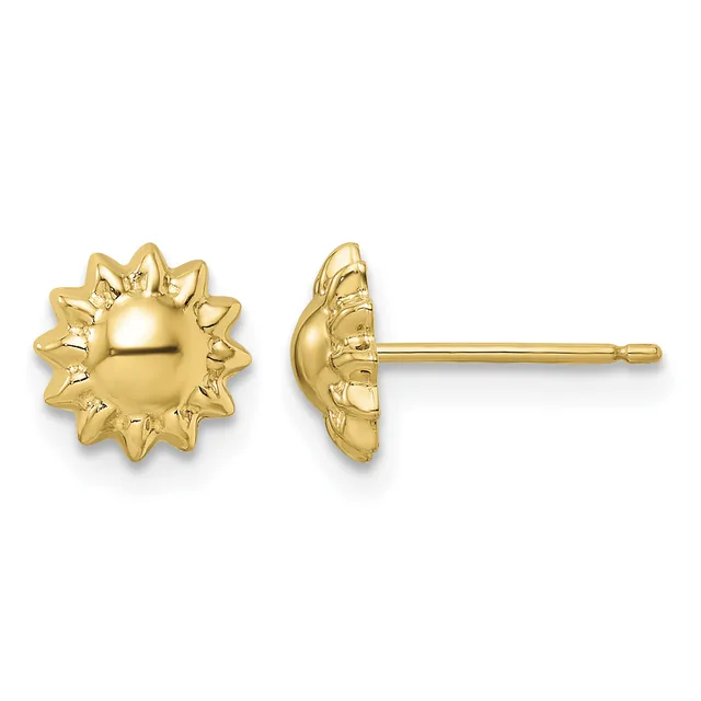 A pair of gold stud earrings shaped like sunflowers with rounded centers and pointed petals, shown from front and side views.