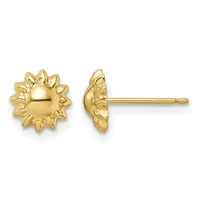 A pair of gold stud earrings shaped like sunflowers with rounded centers and pointed petals, shown from front and side views.