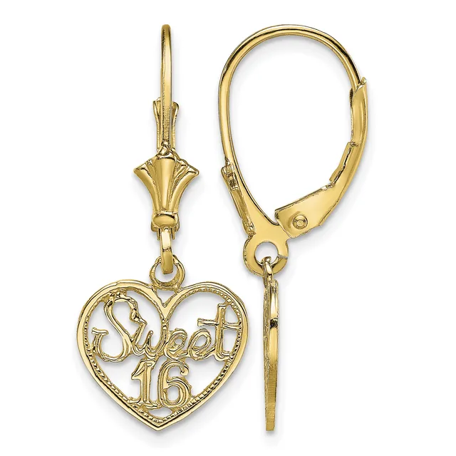 Pair of gold-toned leverback earrings with decorative finials and heart-shaped pendants engraved with "Sweet 16" text.