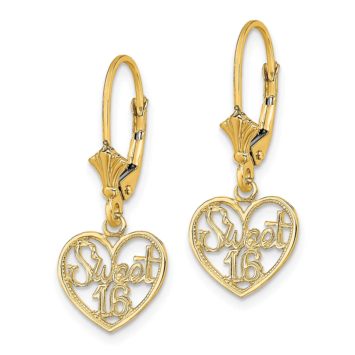 A pair of gold-toned heart-shaped earrings with "Sweet 16" inscribed inside, suspended from lever-back ear wires with decorative fan-shaped connectors.