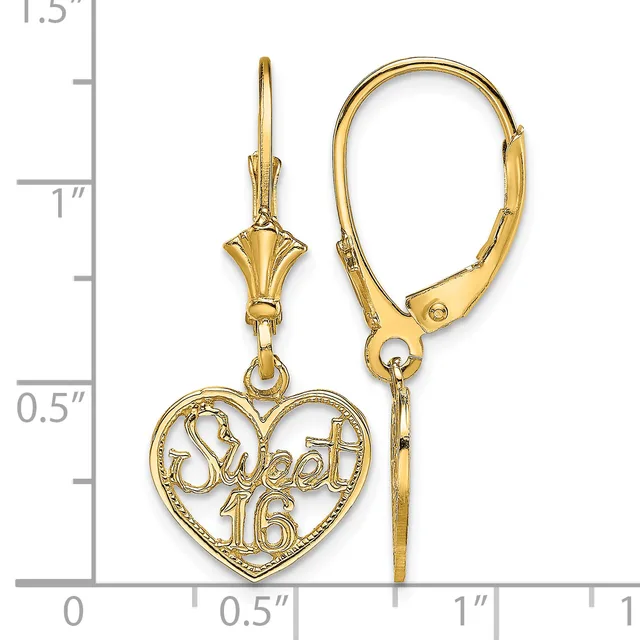 Gold-toned heart-shaped earrings with "Sweet 16" text, shown next to a ruler for scale measuring approximately 1.25 inches in length.