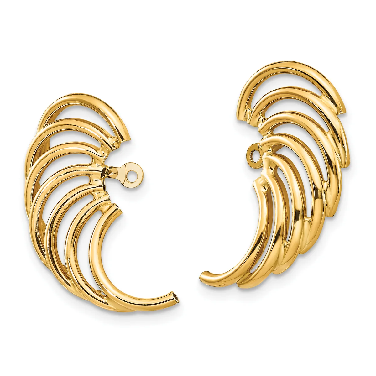 Pair of gold curved earrings with multiple nested arc-shaped bands arranged in a fan or leaf pattern, shown from front view against a white background.