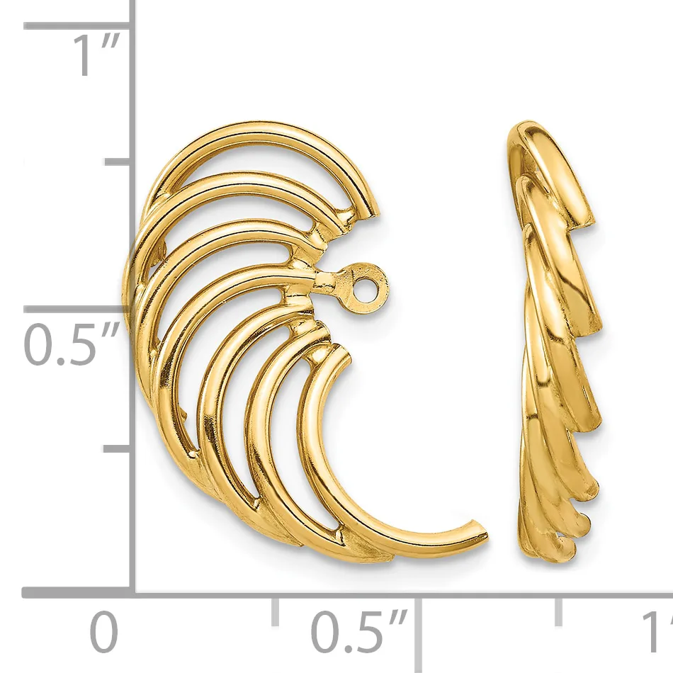Two gold-plated curved leaf-shaped earring components with layered fan design and small attachment loops, shown front and side views next to a ruler.