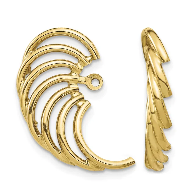 Two gold earrings with curved, layered petal or feather-like designs, shown from front and side views.