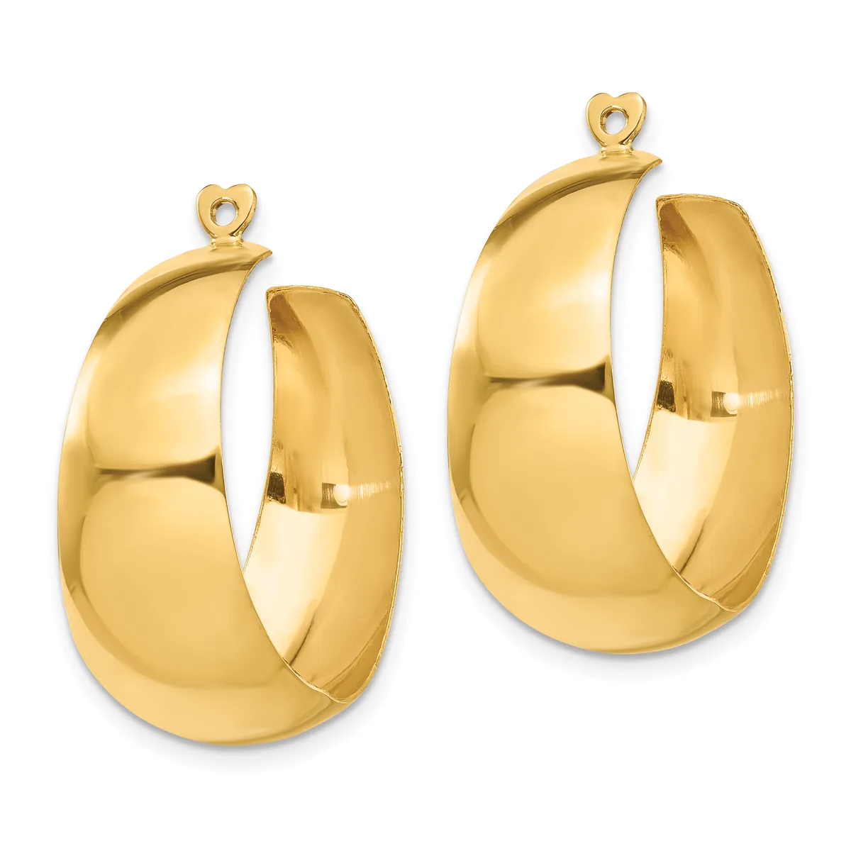 A pair of polished gold hoop earrings with chunky curved tubes and small looped posts for hanging, shown side by side.