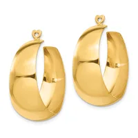 A pair of polished gold hoop earrings with chunky curved tubes and small looped posts for hanging, shown side by side.