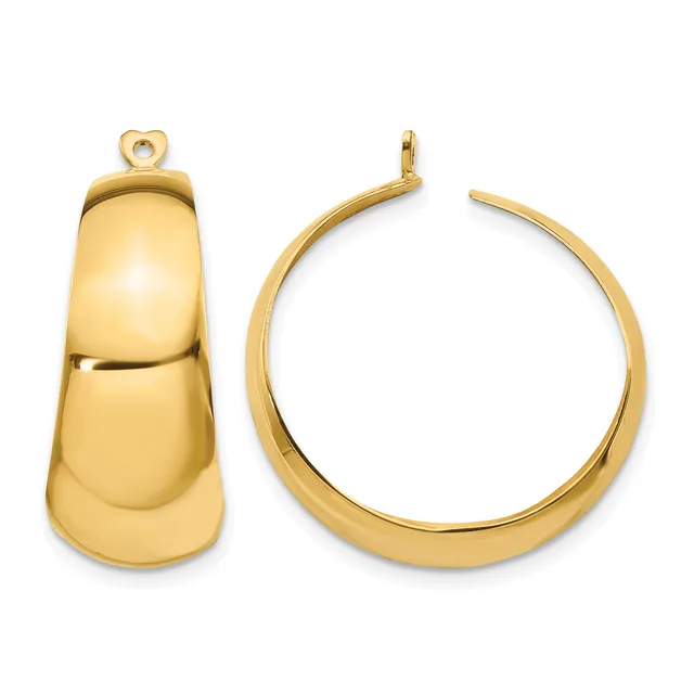 Pair of polished gold-toned chunky hoop earrings, one shown from the front and one from the side with its post and hook closure visible.