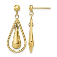 A pair of gold teardrop dangle earrings with ball studs, shown from front and side views.