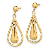 Pair of gold teardrop dangle earrings with ball studs, featuring hollow outer teardrop outlines and polished solid inner teardrop shapes.