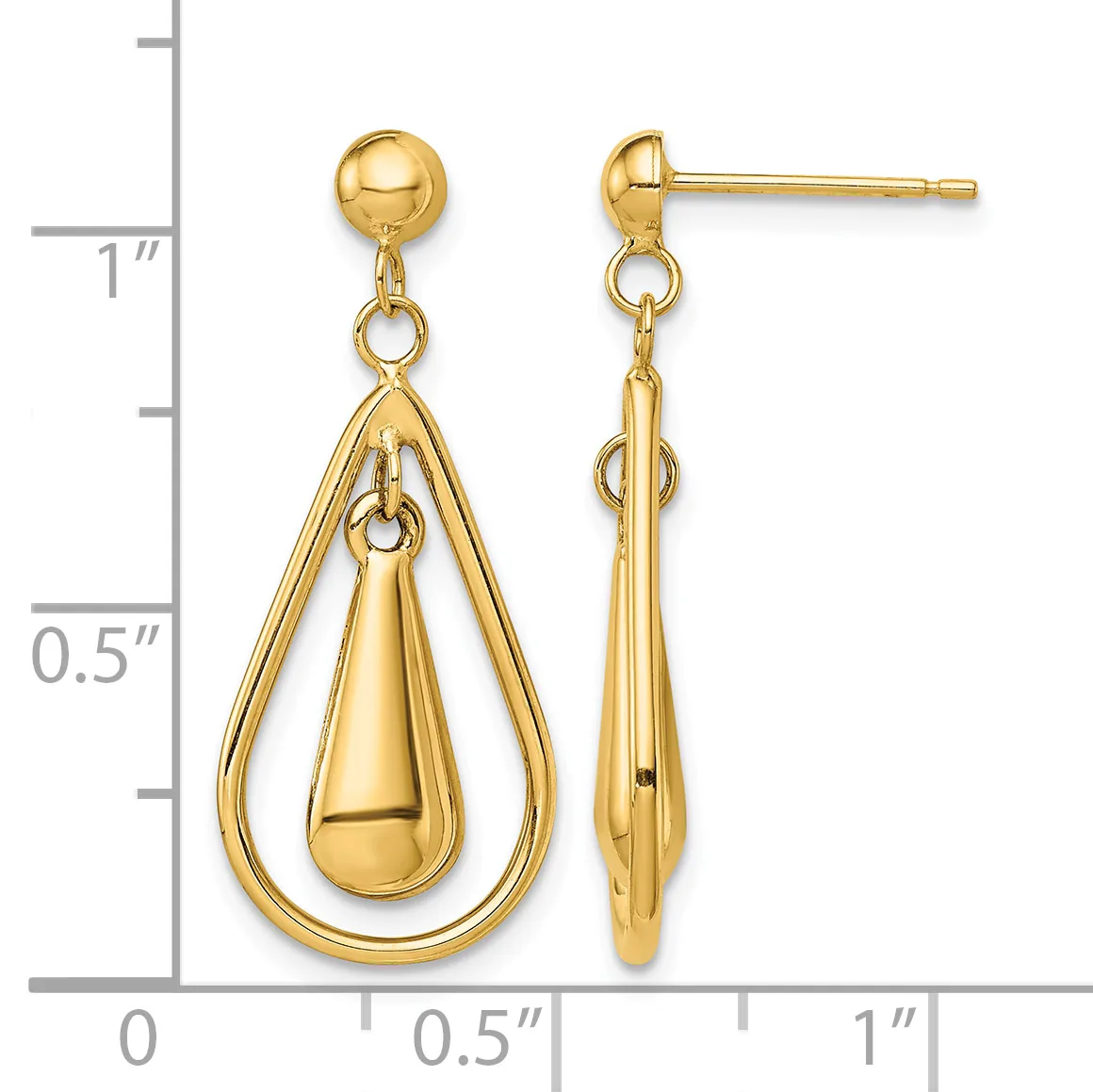 Pair of gold teardrop dangle earrings with ball studs, shown front and back view against a ruler measuring approximately one inch in length.