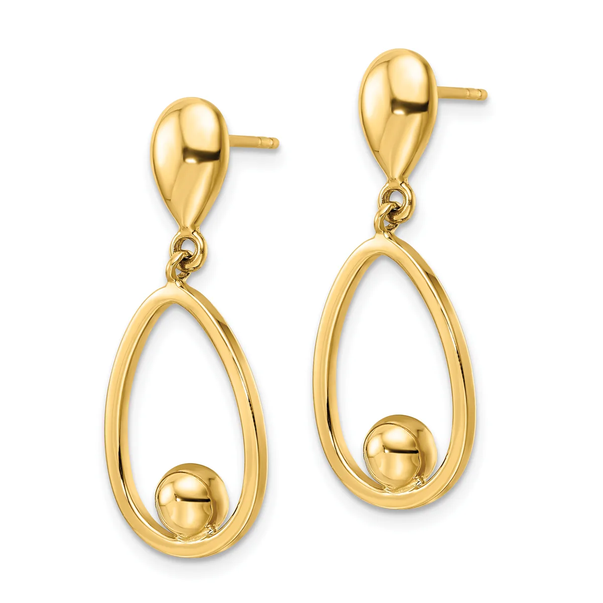 Pair of gold teardrop-shaped dangle earrings with small spheres suspended inside each loop and posts with small ball terminals.