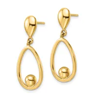 Pair of gold teardrop-shaped dangle earrings with small spheres suspended inside each loop and posts with small ball terminals.