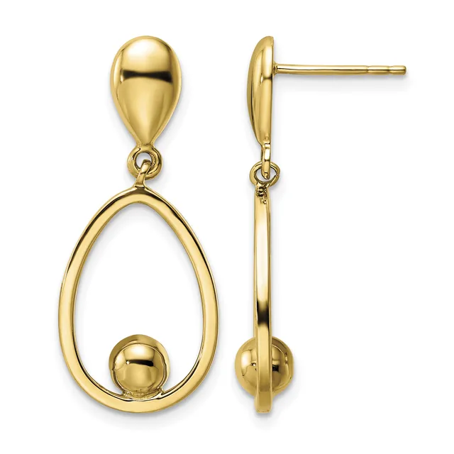 Pair of gold teardrop earrings with hollow oval frames and small spheres suspended inside, shown from front and side views.