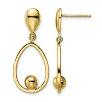 Pair of gold teardrop earrings with hollow oval frames and small spheres suspended inside, shown from front and side views.