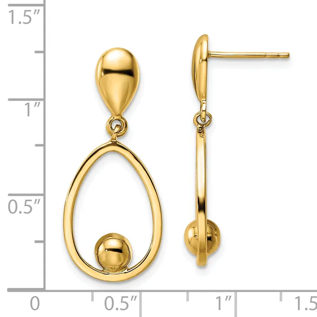 Pair of gold teardrop earrings with small spheres suspended inside, shown front and side view against a measurement scale.