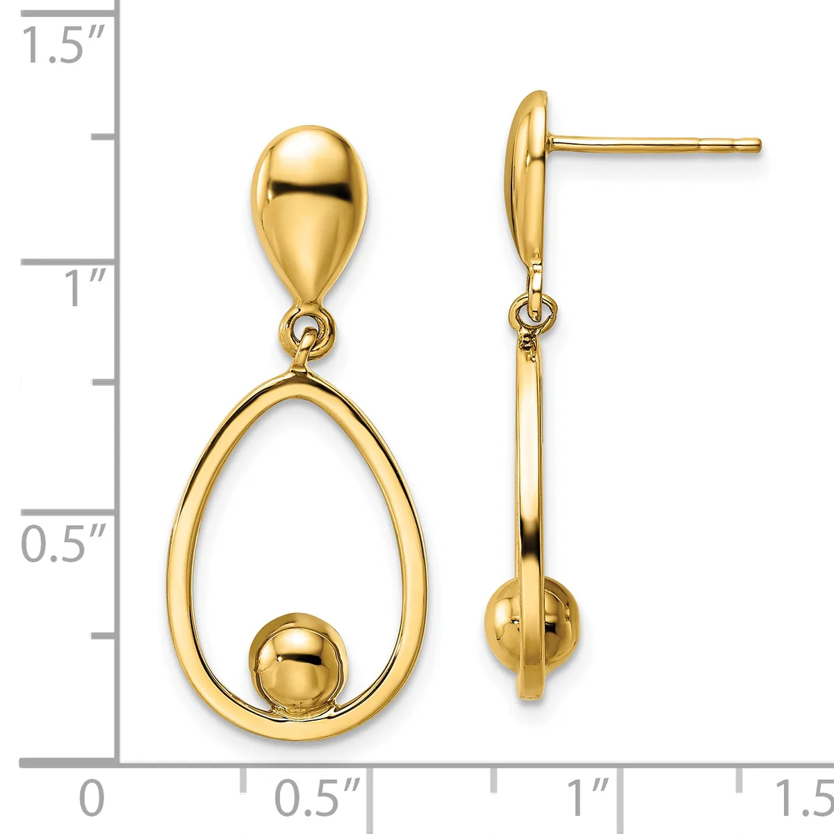 Pair of gold teardrop earrings with small spheres suspended inside, shown front and side view against a measurement scale.