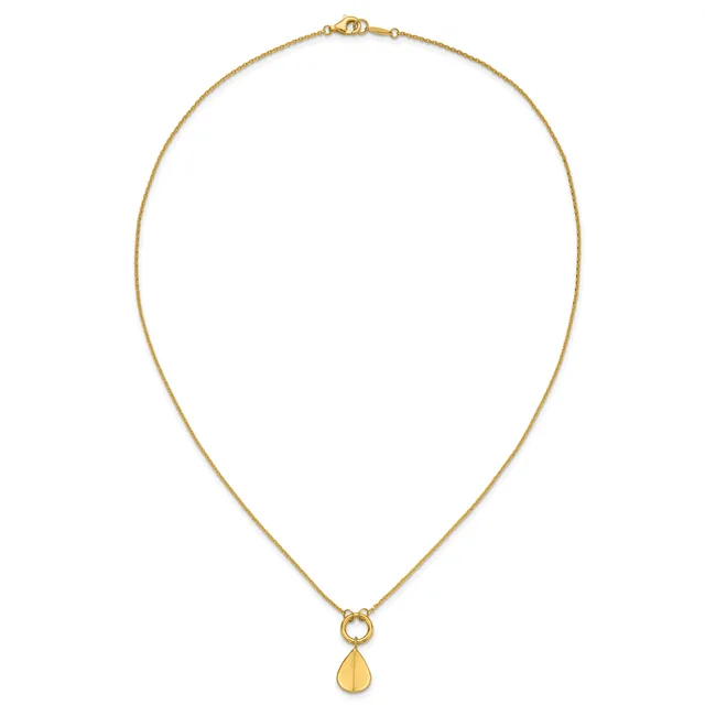 A gold chain necklace with a small circular clasp at the top and a teardrop-shaped pendant hanging from the bottom.