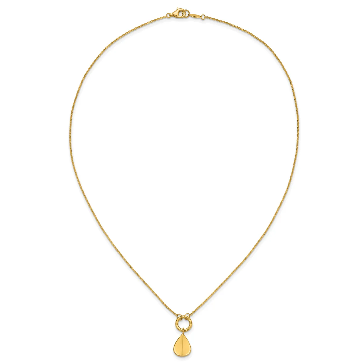 A gold chain necklace with a small circular clasp at the top and a teardrop-shaped pendant hanging from the bottom.