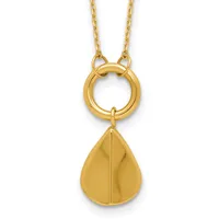 Gold teardrop pendant hanging from a circular ring on a delicate chain necklace.