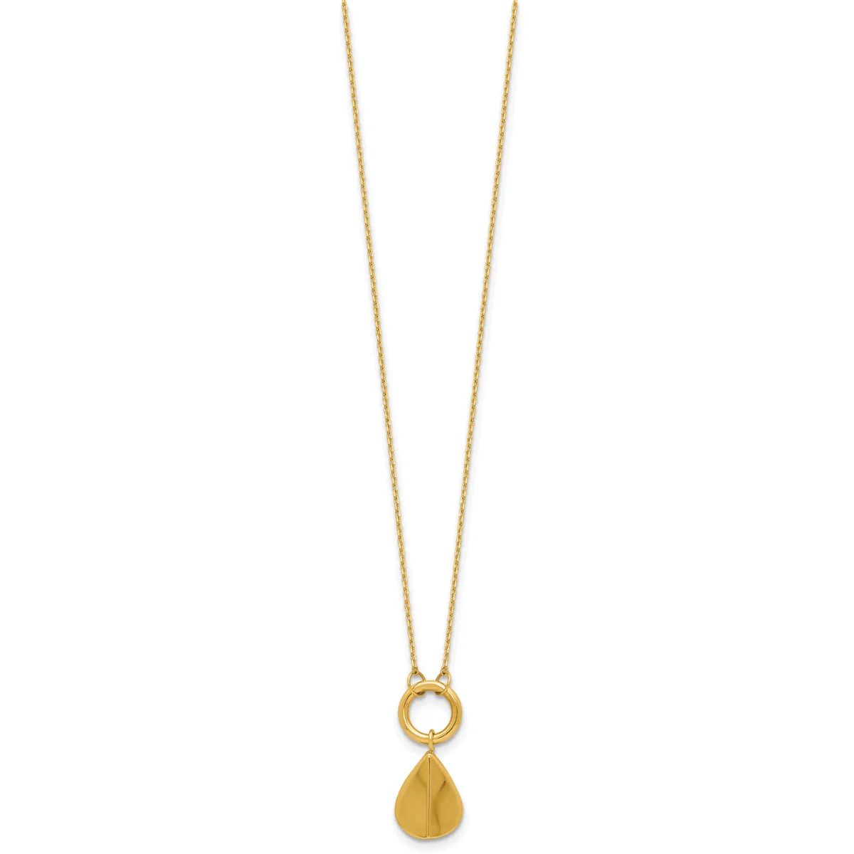 Gold teardrop pendant hanging from a thin chain with a circular ring connector.