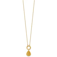 Gold teardrop pendant hanging from a thin chain with a circular ring connector.