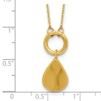 Gold-toned teardrop pendant hanging from a circular ring connector on a chain necklace, shown next to a measurement scale.