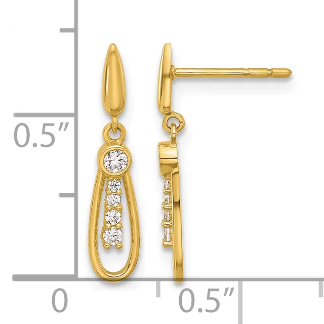 Pair of gold teardrop earrings with diamond accents, shown front and side view with a measurement scale indicating approximately 0.5 inches in length.