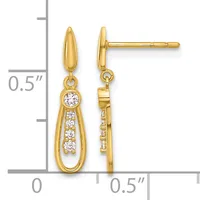 Pair of gold teardrop earrings with diamond accents, shown front and side view with a measurement scale indicating approximately 0.5 inches in length.