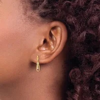 A person wearing a small gold hoop earring is shown in profile, with dark curly hair pulled back, displaying the earring against their ear and neck.