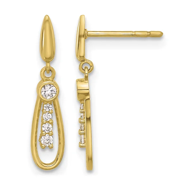 Pair of gold teardrop earrings with diamond accents shown from front and back views, featuring a polished finish and post-and-post backing.