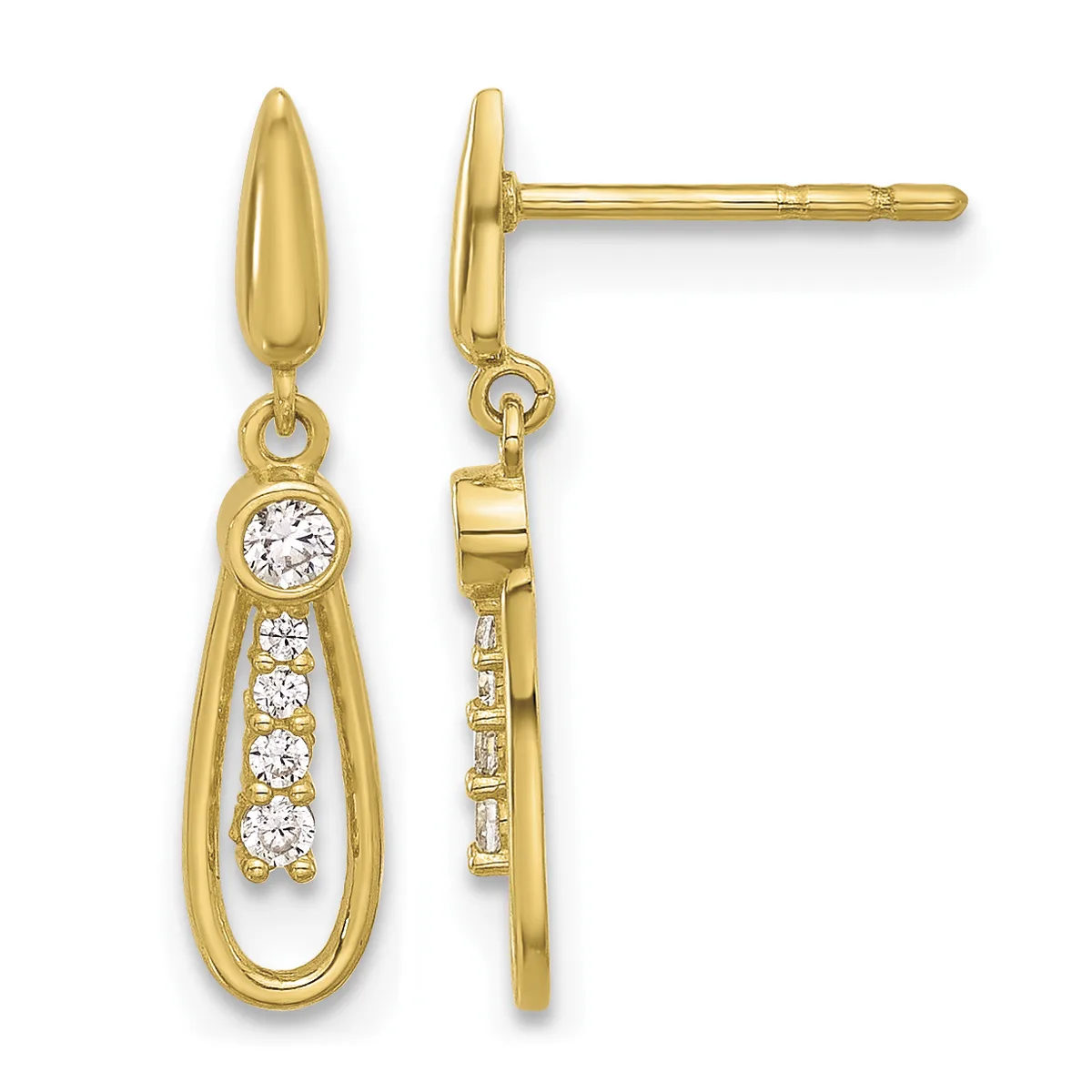 Pair of gold teardrop earrings with diamond accents shown from front and back views, featuring a polished finish and post-and-post backing.