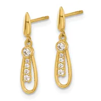 Pair of gold teardrop earrings with post backs, each featuring a bezel-set round diamond at the top and a vertical line of smaller round diamonds along the interior of the teardrop.