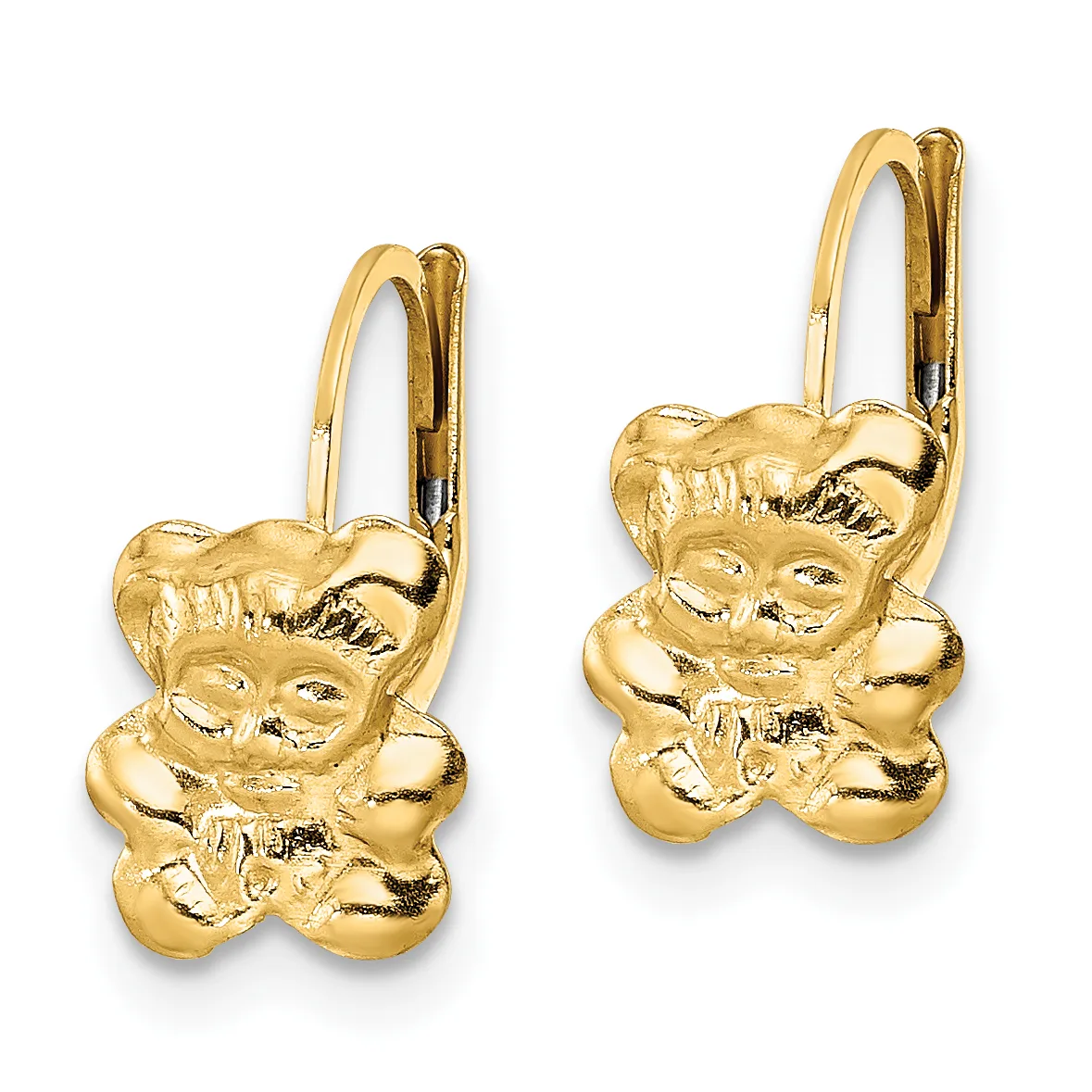 Pair of gold-colored teddy bear charm earrings with hinged lever backs, shown against a white background.