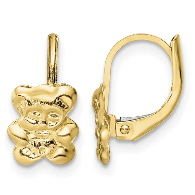 Gold teddy bear earrings shown from front and side views, featuring lever-back closures and polished finish.