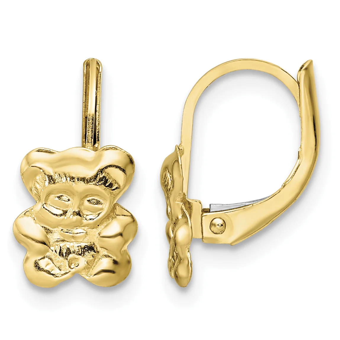 Gold teddy bear earrings shown from front and side views, featuring lever-back closures and polished finish.