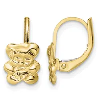 Gold teddy bear earrings shown from front and side views, featuring lever-back closures and polished finish.