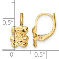 Gold-colored teddy bear charm earrings with hinged lever backs, shown at actual size with measurement scale indicating approximately 0.5 inches in height and width.