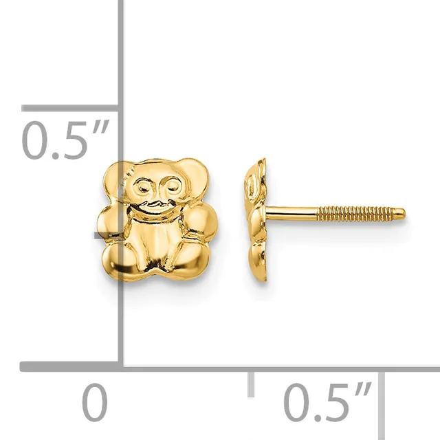 Pair of gold-colored laughing Buddha stud earrings with screw backs, shown front and side view with measurement scale indicating approximately 0.5 inches in size.