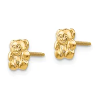 Pair of gold teddy bear stud earrings with screw backs, shown from the front against a white background.