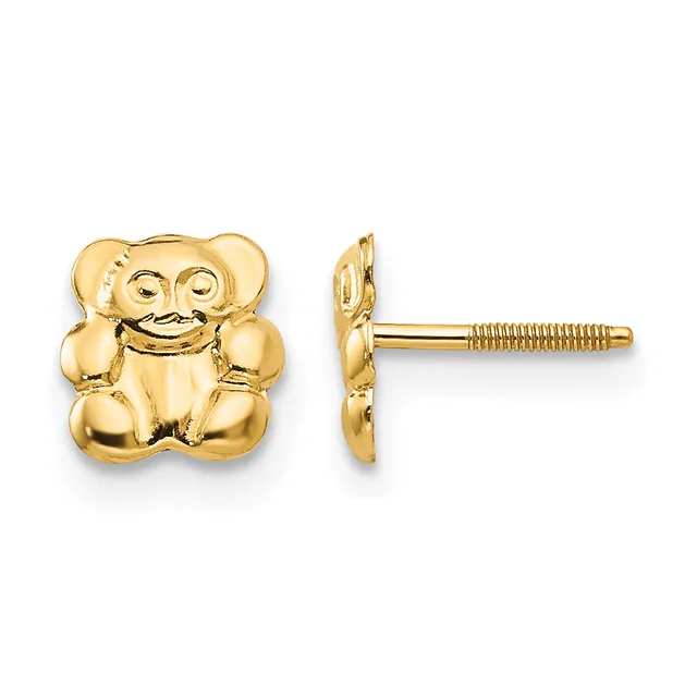 A pair of gold laughing Buddha stud earrings shown from front and side view, with screw-back posts.