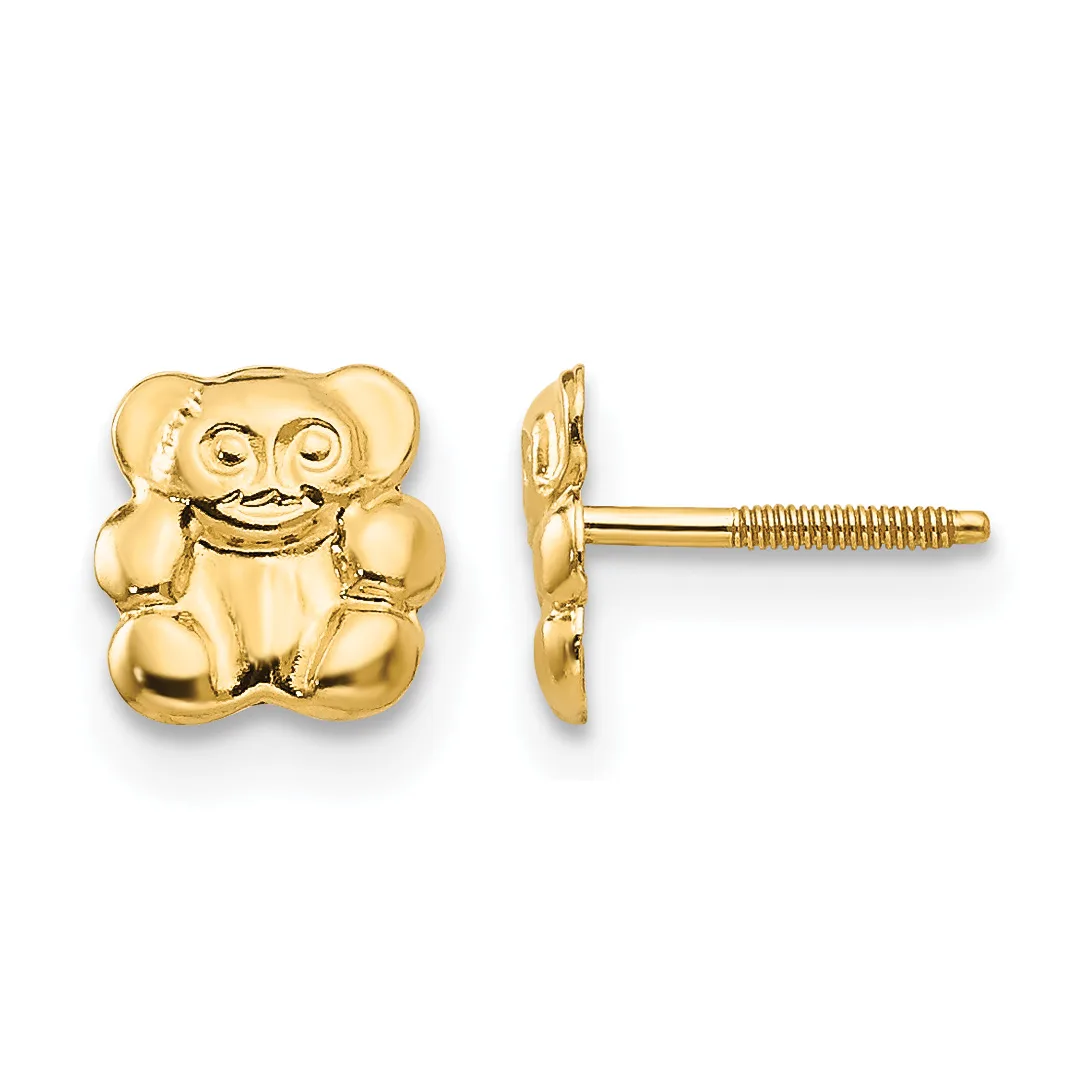 A pair of gold laughing Buddha stud earrings shown from front and side view, with screw-back posts.